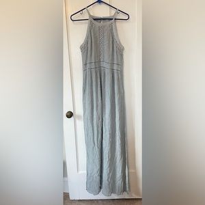 Light Teal Floral Eyelet Top Maxi Dress with Pockets